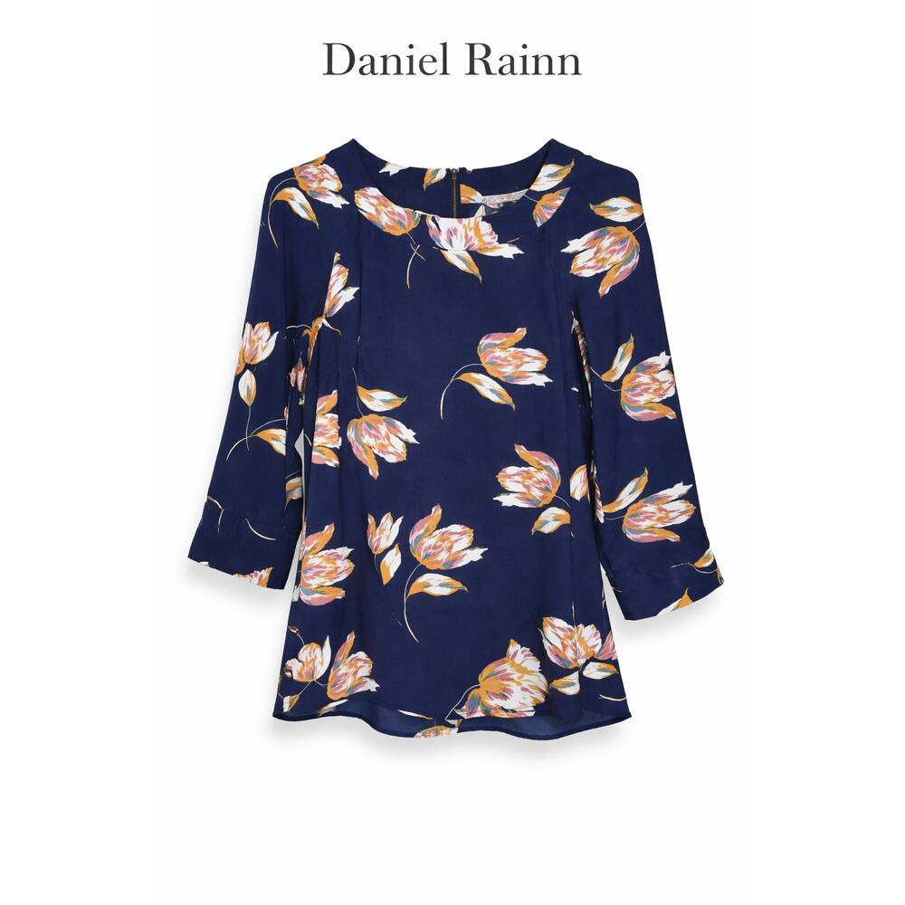Daniel Rainn Floral Blouse Navy Boho Lightweight 3/4 Sleeve Top